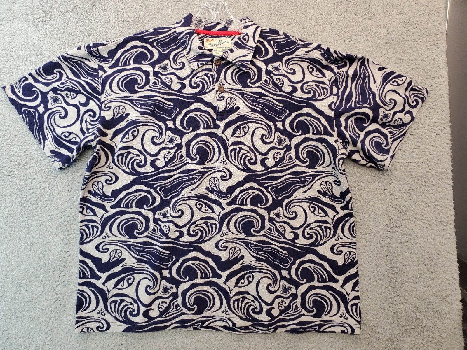 Vintage Crazy Shirts Mens Short Sleeve Hawaiian Polo Shirt Size XL , Blue & Grey