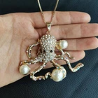 Clear Crystal Rhinestone Faux Pearls Big Octopus Pendant Sweater Necklace