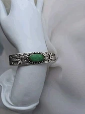 1970s Native American Cuff Dog Symbols Green Oval Turquoise 925 Bracelet 6.5"
