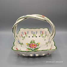 Vintage RCCL Porcelain Hand Painted Square 7" Basket, Braided Handle, Portugal