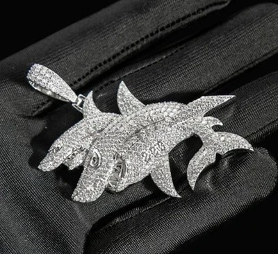 4Ct Round Cut Real Moissanite Double Dolphin Men's Pendant 14K White Gold Plated