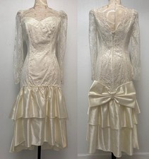 Vtg 80s Ivory Lace Satin Wedding Style Dress 4P NWOT Bow Back Long Sleeve