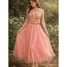 Vtg Handmade Fairycore Prom Dress Set S Embroidered Vest Sheer Pink Maxi Skirt