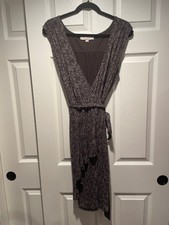 Ann Taylor LOFT Wrap Dress Large Brown Gray Snakeskin Print Jersey Midi