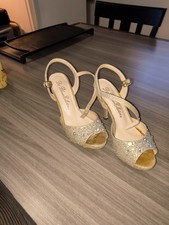 De Blossom Collection Gold Strappy Sandals Rhinestone Glitter Buckle Stiletto