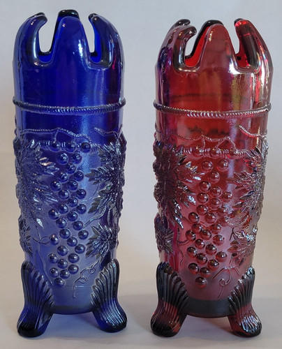 PAIR Iridescent COBALT BLUE and RED Carnival Glass GRAPE & CABLE Hat Pin Holders