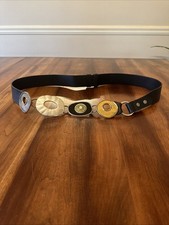Chicos Adjustable Black Leather Belt, Multi-Colored Hammered Metal Buckle