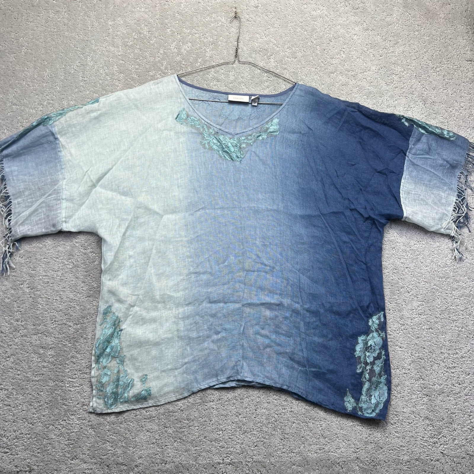Chico's Tunic Top Womens Size 3 Blue Ombre 100% Linen Fringed Lace Applique
