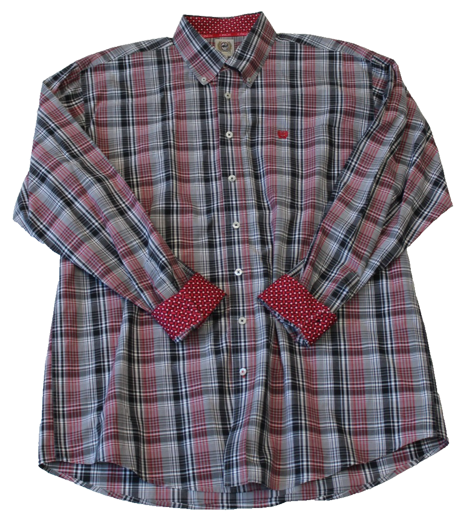 NWOT Cinch Men's Button-Up Shirt Size L Red Black Plaid Flip Cuff Long Sleeve