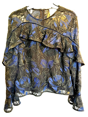 Prose & Poetry Embroidered Mesh Ruffle Sleeve Blouse Black Blue Floral Small