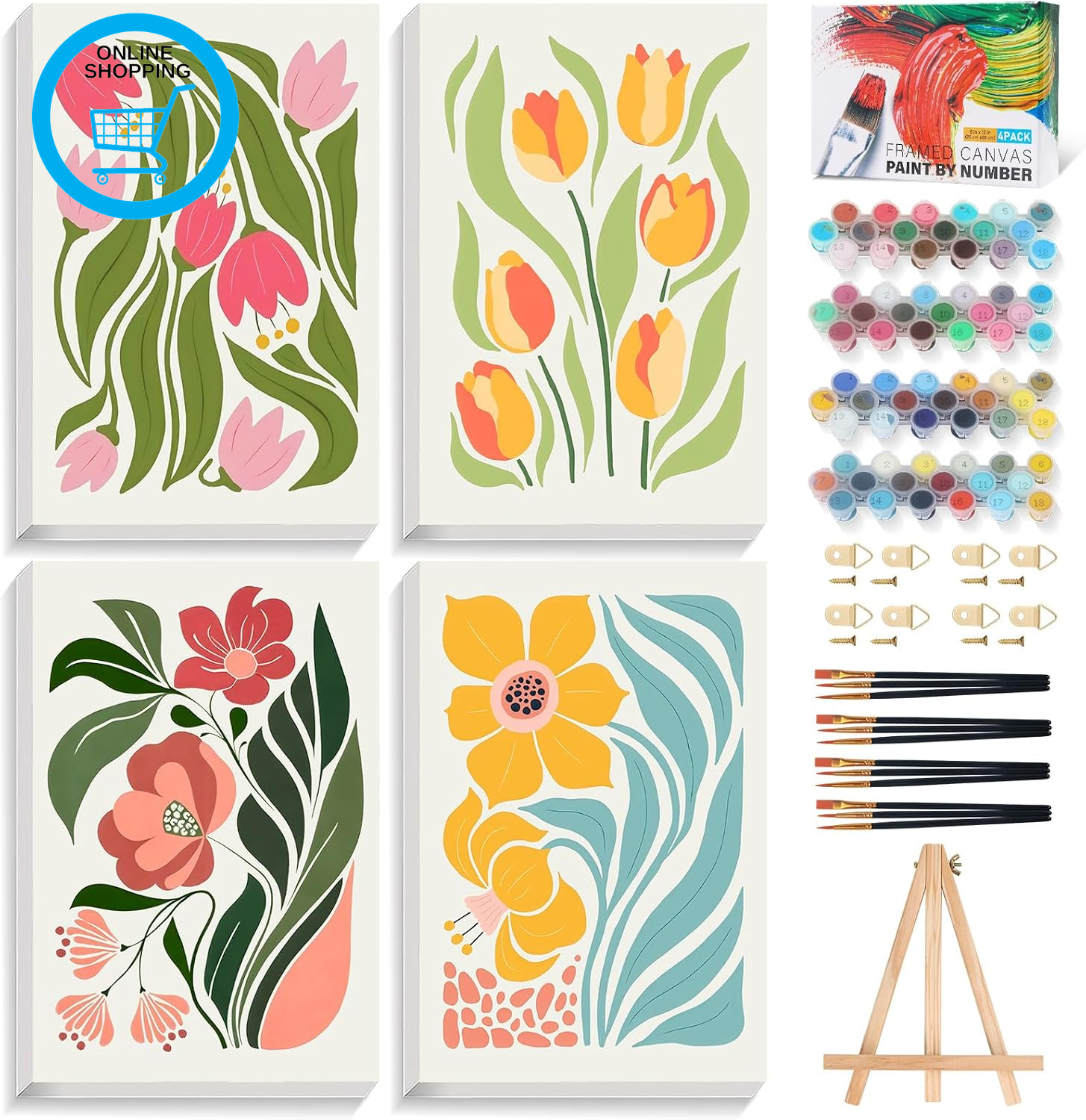 4 Pack Paint by Numbers for Adults with Frame, Easy Flower DIY Painting by Numbe