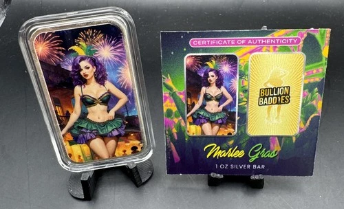 Bullion Baddies 1 oz silver bar Marlee Gras Nice Version W/COA