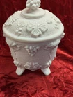 Vintage Jeanette Shell Pink Milk Glass Footed Candy Dish / Grape And Leaf Design
