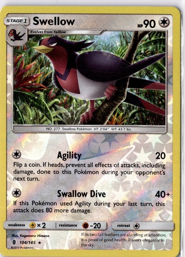 Swellow 104/145 Rare Guardians Rising Reverse Holo Pokemon HP