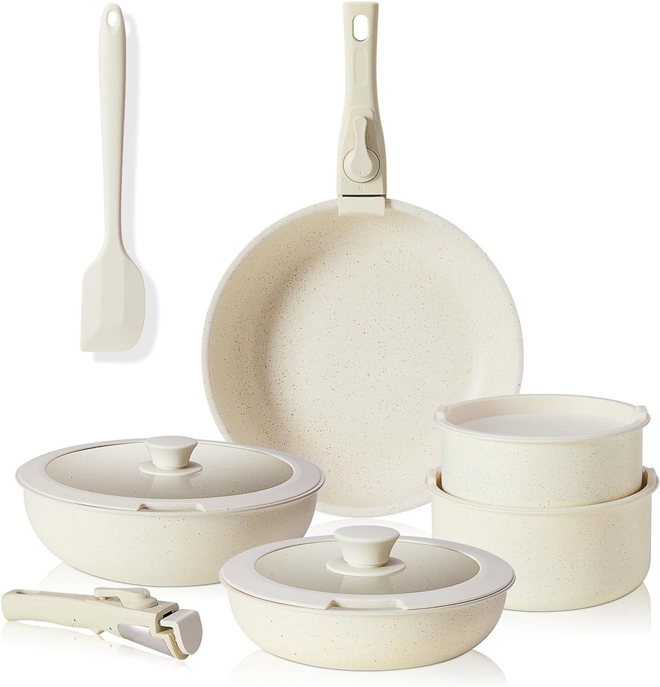 12Pcs Nonstick Kitchen Cookware Set Beige Pot and Pan Set with Detachable Handle