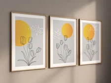 Set of 3 Abstract Modern Minimalist Flowers Line Canvas Wall Art Decoration