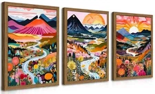 Wood Frame Boho Colorful Wall Art, Set of 3 Abstract Watercolor Mountain Land...