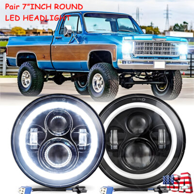 Pair Fit Chevy C10 K10 K20 K5 1975-1980 105W 7'' Round LED Headlights Hi/Lo Beam