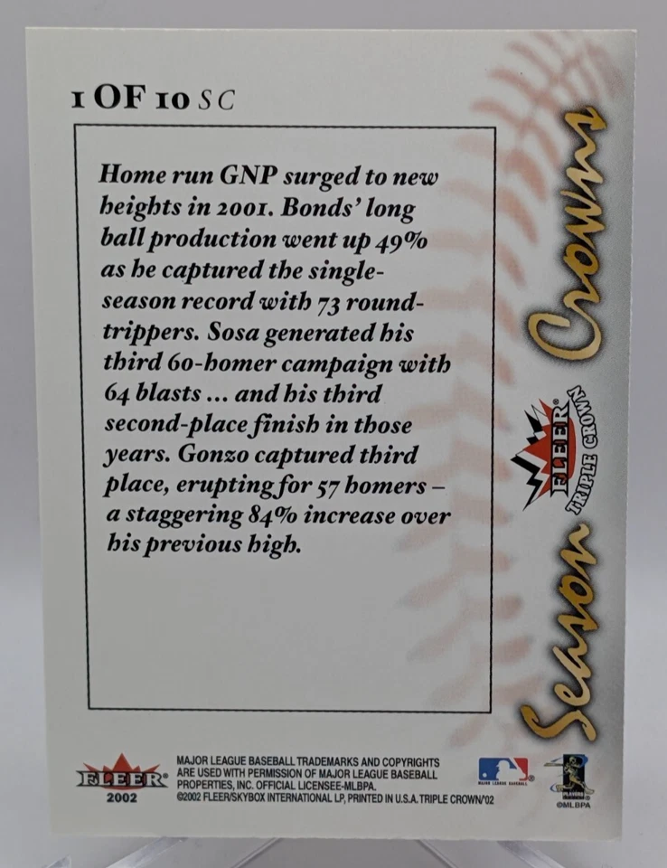 2002 Fleer Triple Crown - Season Crowns Sammy Sosa, Barry Bonds, Luis Gonzalez - Image 2 of 3