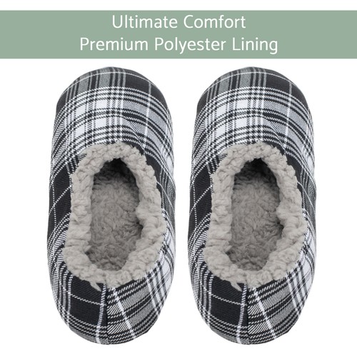 Black Plaid Mens Plush Lined Cozy Non Slip Indoor Soft Slippers - Medium - Picture 2 of 6
