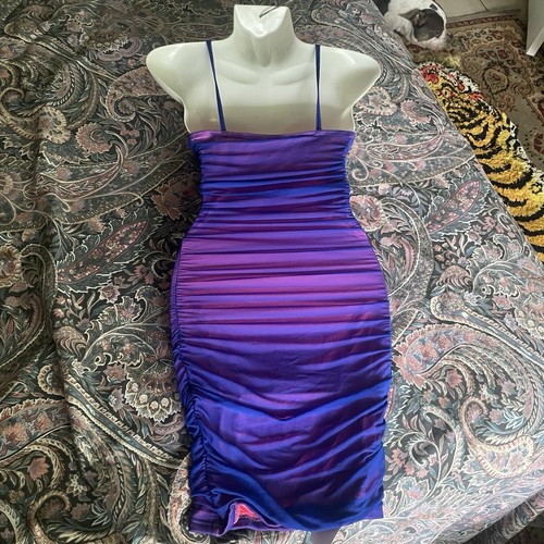 S Bright Two Tone Mesh Hip Bodycon Dress Ruched Hot Pink Blue Fitted New Stretch - Picture 2 of 11