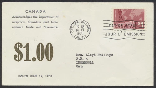 1963 #411 $1 Canadian Exports FDC Gover Raised Print Cachet Ottawa