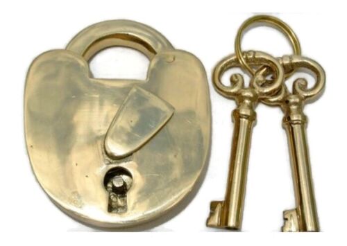 POLISHED 3" Vintage stye antique look Padlock solid brass keys heavy lock worksB - Afbeelding 1 van 6