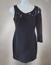 Suzi Chin Maggy Boutique Asymmetric Sheath Dress 14 Black Lace Party Cocktail