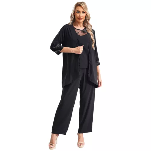 Womens 3 Piece Chiffon Pant Suits Tank Top Cardigan and Pants Evening Outfits - Picture 53 of 95