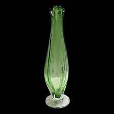 Hand Blown Light Green Art Glass Bud Vase with Clear Round Base 9.25" Tall