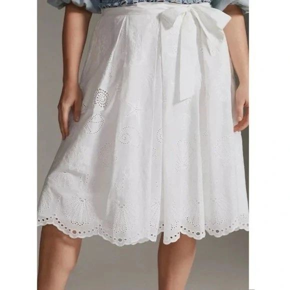 Maeve US 0 White She Sells Seashells White Eyelet Knee Length Skirt Resortwear