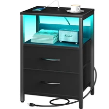 Nightstand with Charging Station, LED Night Stand with Fabric Drawers and Sto...