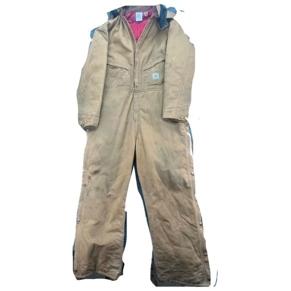 Carhartt Men's Tan Insulated Work Bib Overalls Full Zip Hooded Size 48 Regular