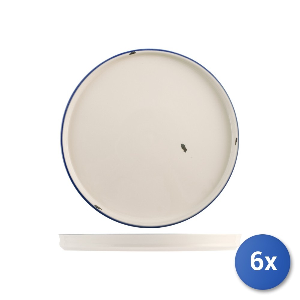 6X H&H Round Plate Rye In White Porcelain With Blue Edge 25 Cm