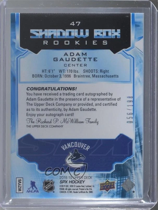 2018 SPx Shadow Box Rookies Photo Variant Silver Adam Gaudette Rookie Auto RC - Image 2 of 2