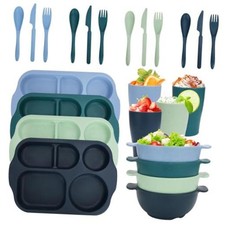 24 PCS Wheat Straw Dinnerware Set for Adult Kids Plates and Bowls Sets Blue
