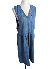 Vintage 90s Floral Embroidered Denim Sleeveless Jumper Dress Women's M 10/12 D2S