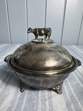 Antique Simpson Hall Miller Silverplate Covered Butter Dish w/Cow Finial c.1870s