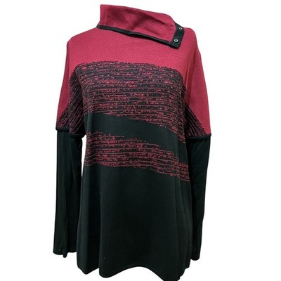 Ming Wang Top Womens XS Tunic Deep Red Black Oversized Preppy Turtleneck Sweater
