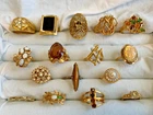 Vtg Ring Lot Gold Plated Costume Jewelry Tigers Eye Faux Opal / Onyx / Pearl