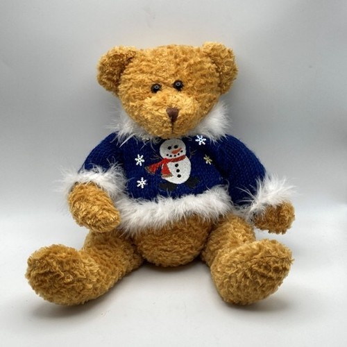 Plush Teddy Bear with Snowman Sweater, Feather Trim (Winter, Holidays) Vintage