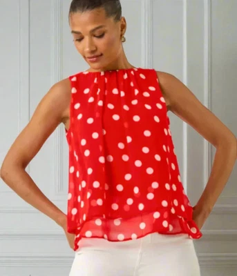 ROMAN ORIGINALS Roman Top Women's Red Polka Dot Sleeveless Spot Double Layered Pleated Front
