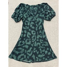 Calvin Klein Green Abstract Leopard Print Puff Sleeve Fit Flare Mini Dress 4