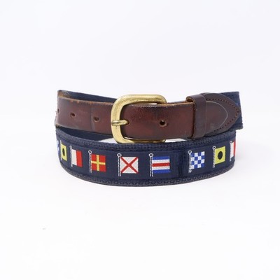 Vintage Nobby Clothes Shop Belt Size 36 Nantucket Navy Blue Flag Nautical Brass