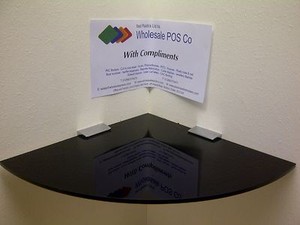 2 x Corner Shelves 9/" Wide 5mm Black Gloss Perspex Acrylic With Chrome Brackets