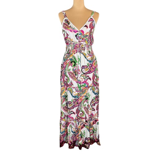 Me 2 Magic Floral Tiered Maxi Dress Sz.XL White Smocked Waist & Back Paisley