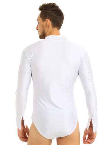 Mens Shiny Rhinestones V-neck T Shirt Bodysuit Long Sleeve Latin Dance Leotard - Picture 17 of 43