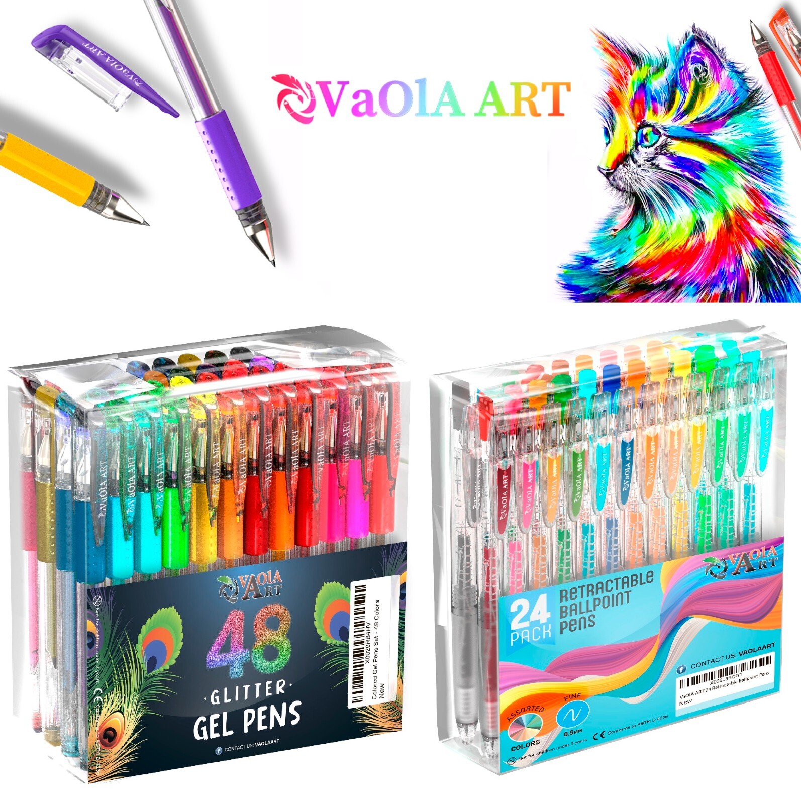 Gel Pens 2 Sets 72 Colors, 48 Glitter Gel Pens and 24 Retractable Gel