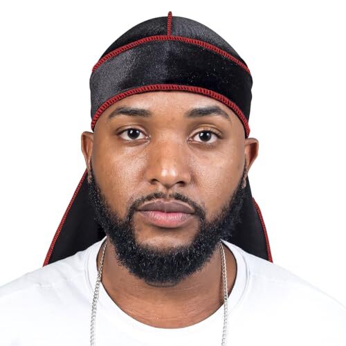 Velvet Durag for Men Wave Cap Velvet Dorag for Men Women Black With Red Seam - Picture 3 of 8