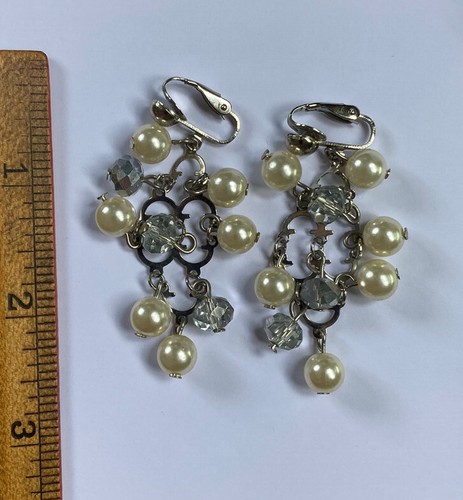 Vintage Faux Pearl Chandelier Drop Earrings Faceted Reflective Rhinestones 2.5” - Picture 7 of 12